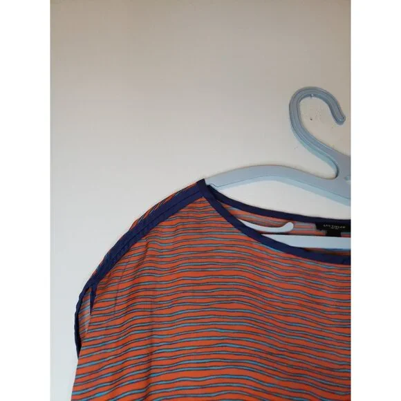 Ann Taylor Womens Sz M Blouse Short Sleeve Stripe Orange Blue Drawstring Waist - Picture 4 of 6